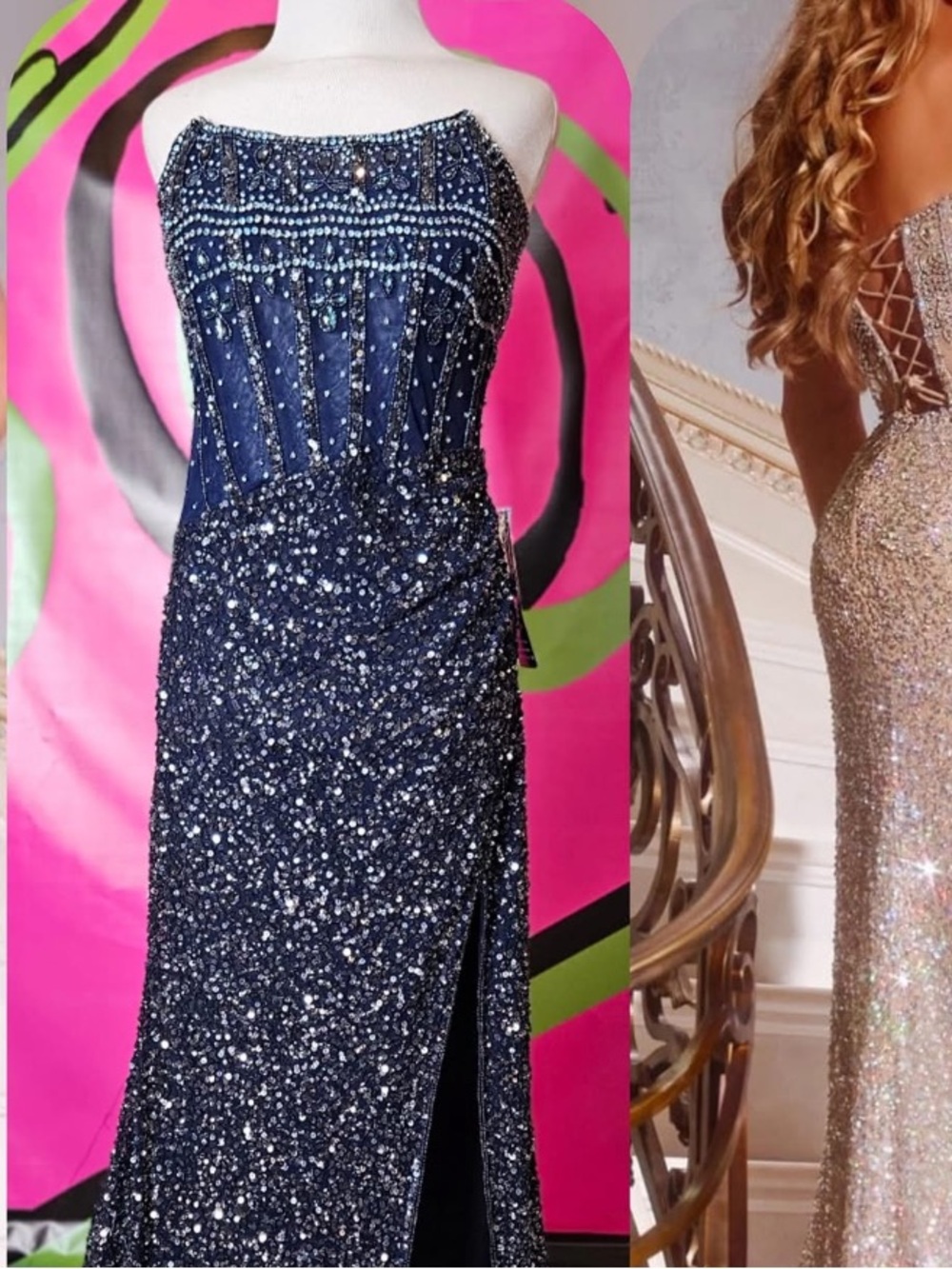 Jovani Navy Blue Strapless Beaded Evening Gown Style 42920
